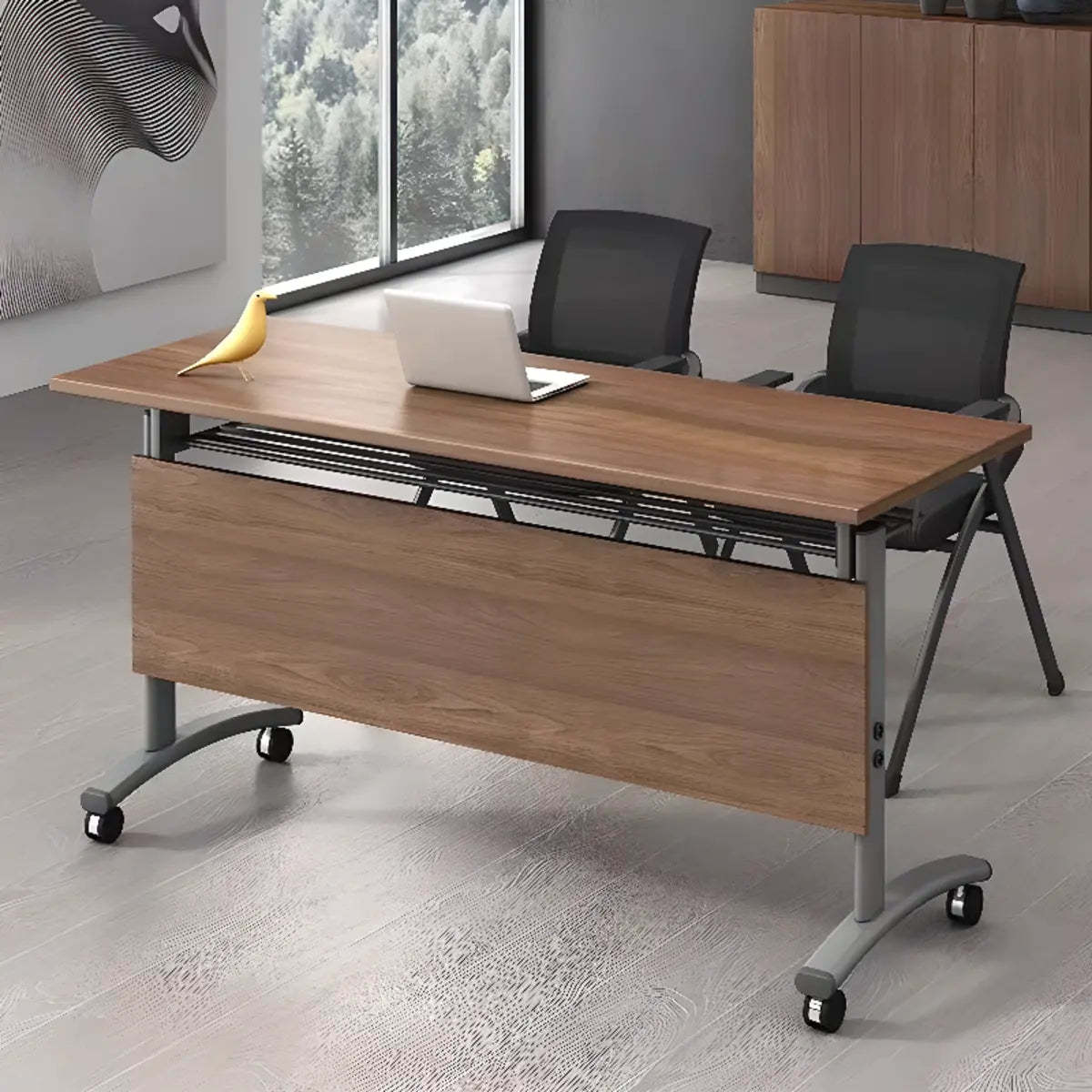 Wood T-Shape Double Computer Desk with Casters — White / Without Chairs