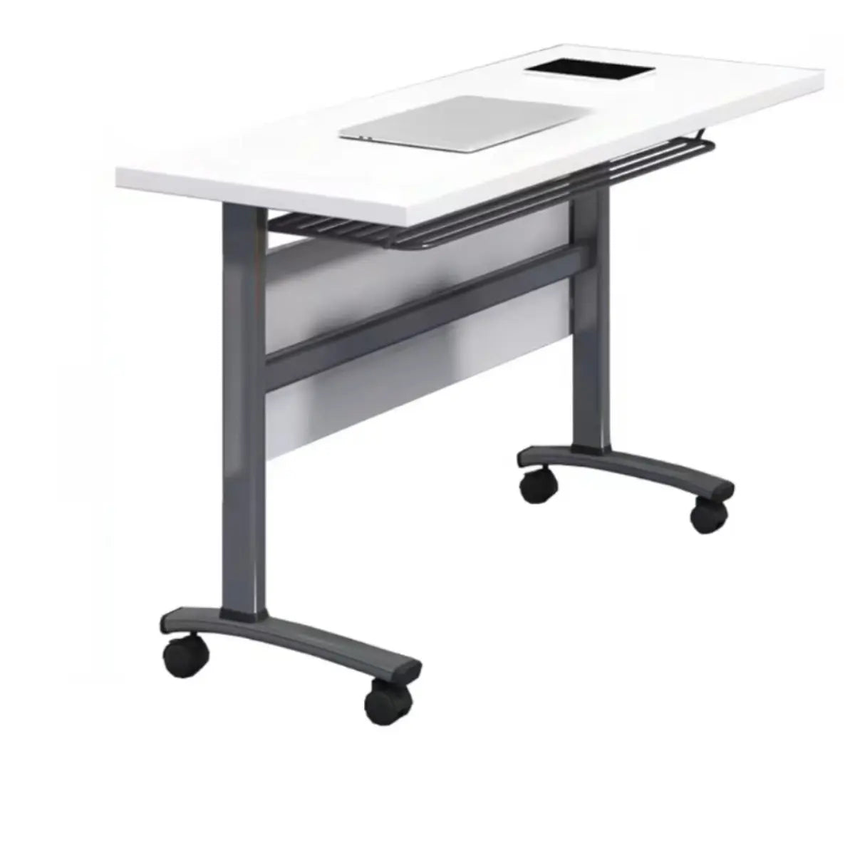 Wood T-Shape Double Computer Desk with Casters — Natural Finish / Without Chairs