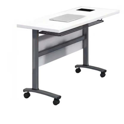 Wood T-Shape Double Computer Desk with Casters — Natural Finish / Without Chairs