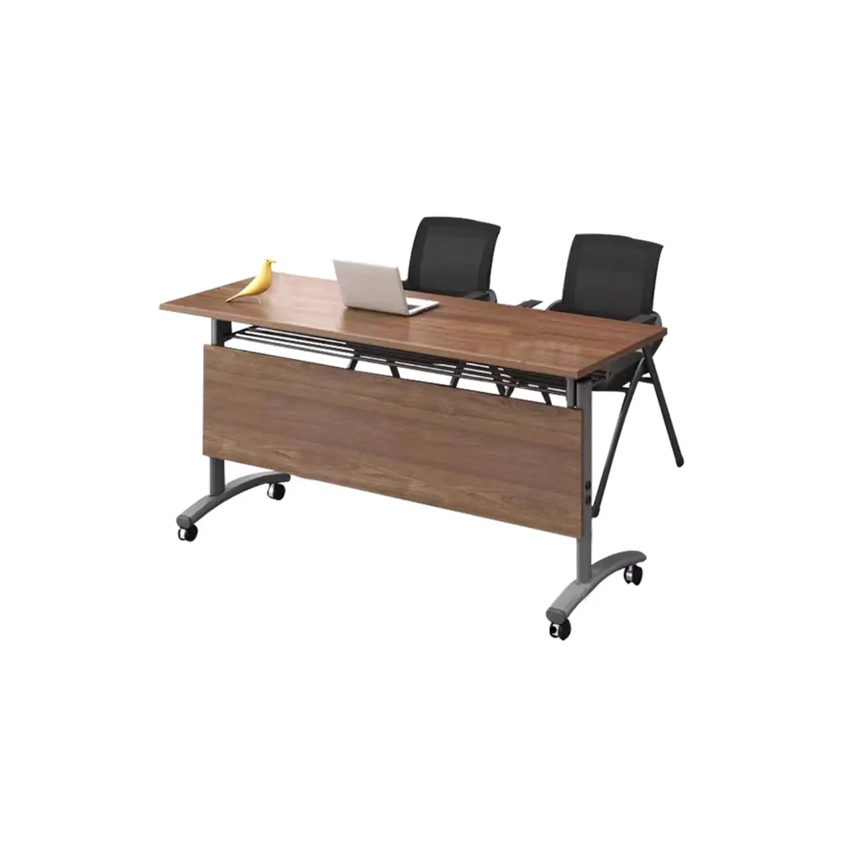Wood T-Shape Double Computer Desk with Casters — Natural Finish / Without Chairs