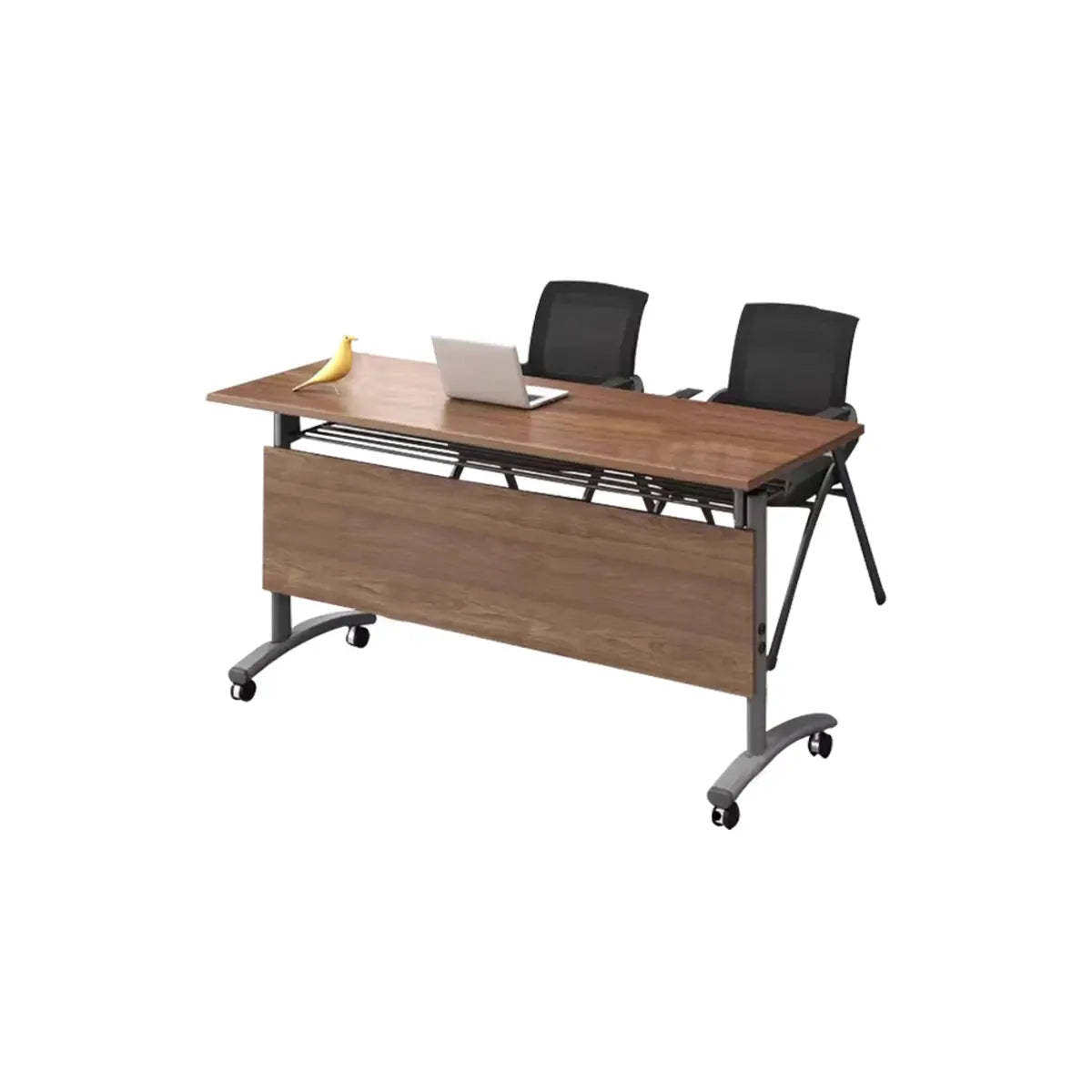 Wood T-Shape Double Computer Desk with Casters — Natural Finish / Without Chairs