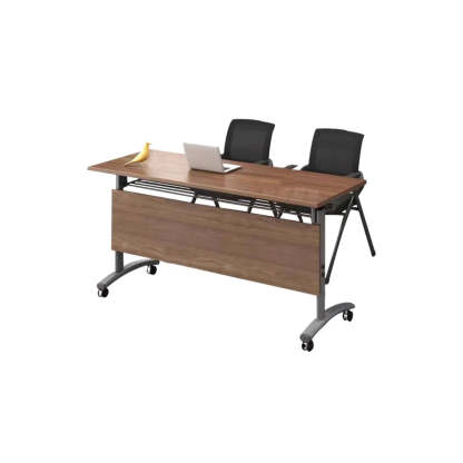 Wood T-Shape Double Computer Desk with Casters — Natural Finish / Without Chairs