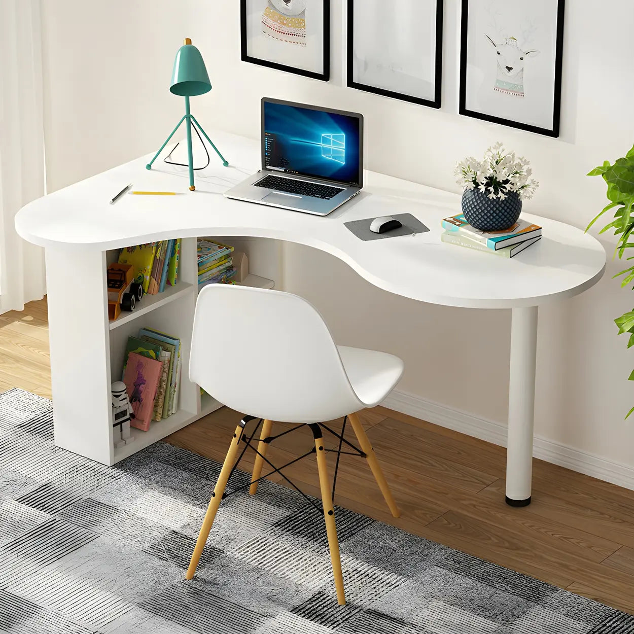 Wood Free-Form Peninsula Writing Desk with Shelf — White / Right Hand Return