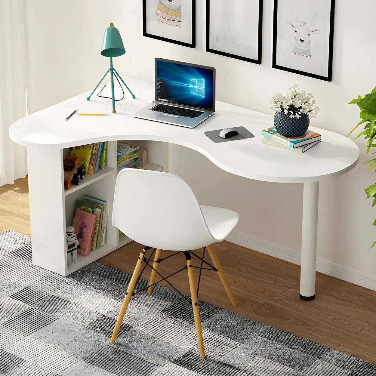 Wood Free-Form Peninsula Writing Desk with Shelf — White / Right Hand Return