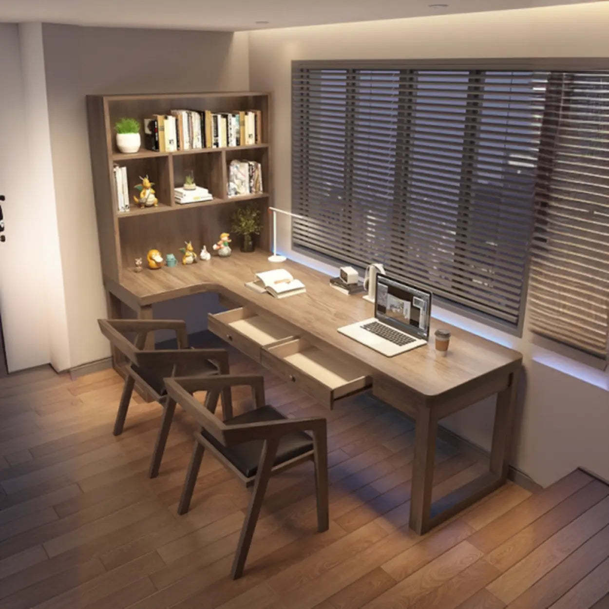 Wood Hutch L-Shape Double Computer Desk with Drawers — Table Only