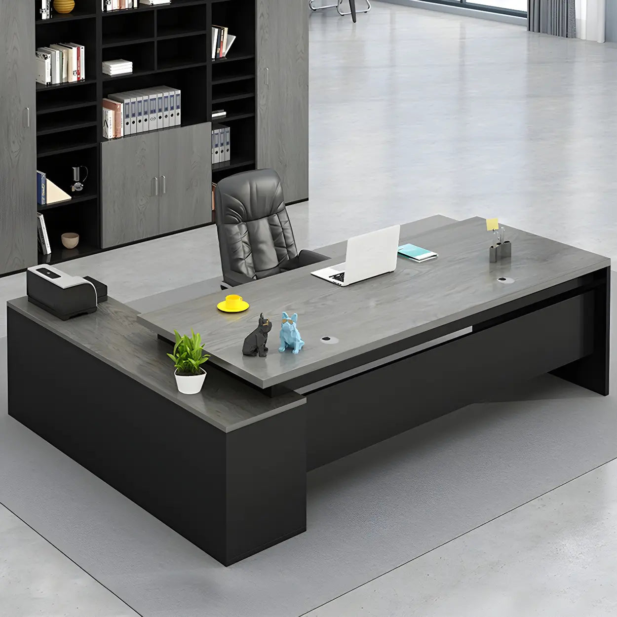 Wood L-Shape Metal Pedestal Executive Desk