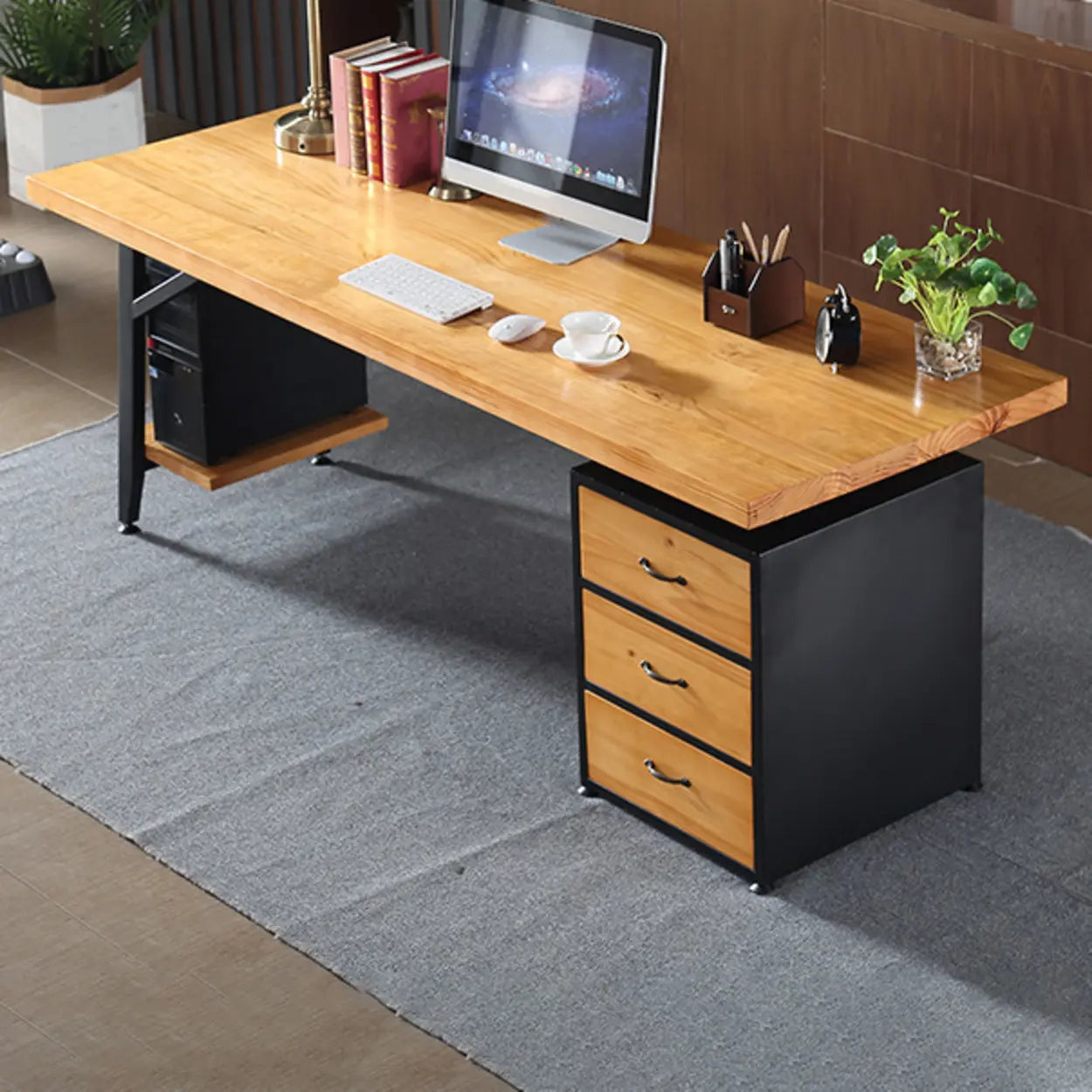 Wood Drawer Storage H-Shape Computer Desk — 3 / Table Only