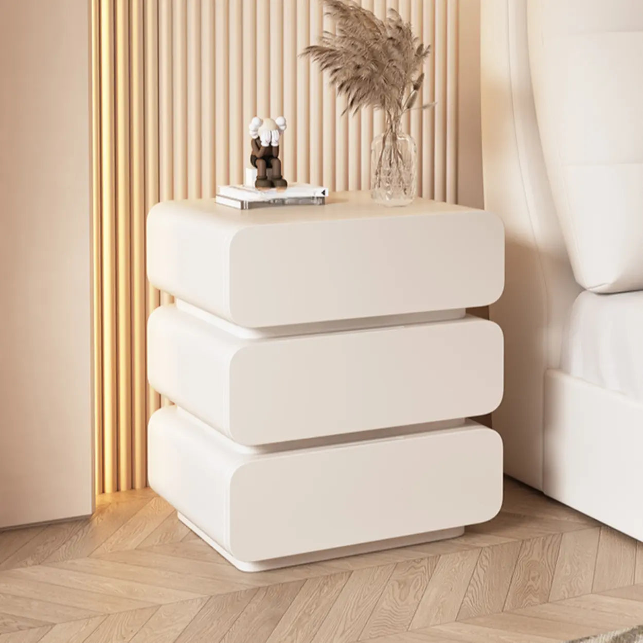 Wood Leather Beige 3-Drawer Nightstand — Cream