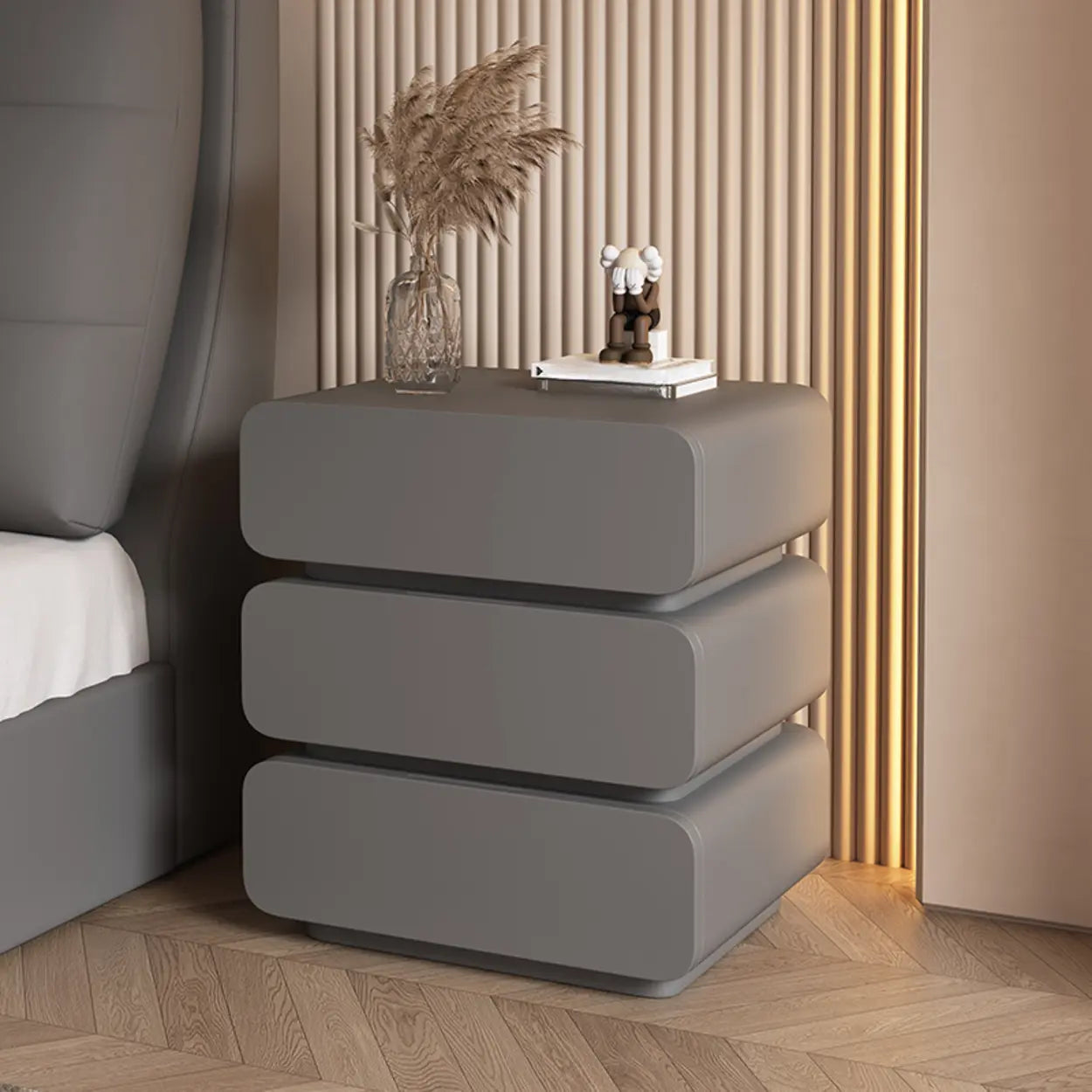Wood Leather Beige 3-Drawer Nightstand — Beige