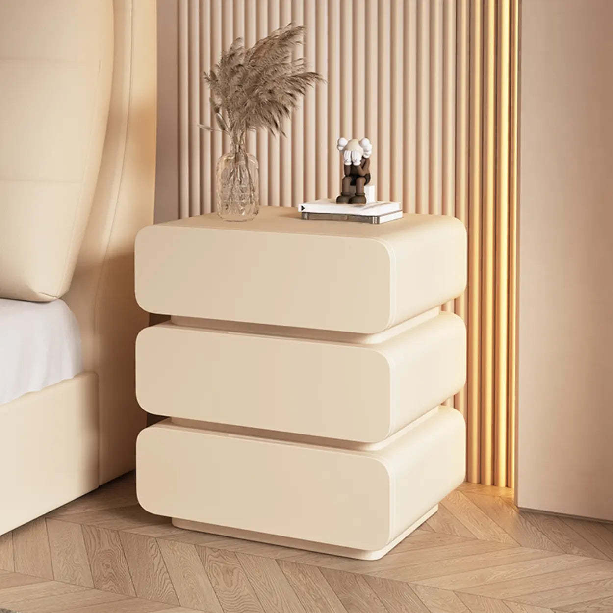 Wood Leather Beige 3-Drawer Nightstand — Cream