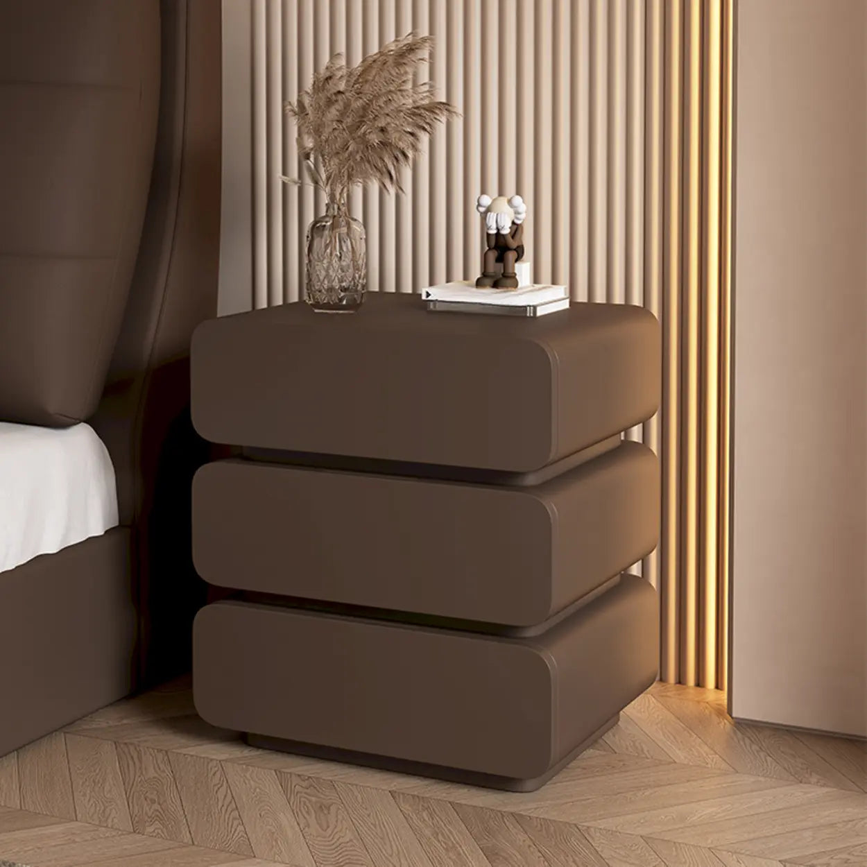 Wood Leather Beige 3-Drawer Nightstand — Cream