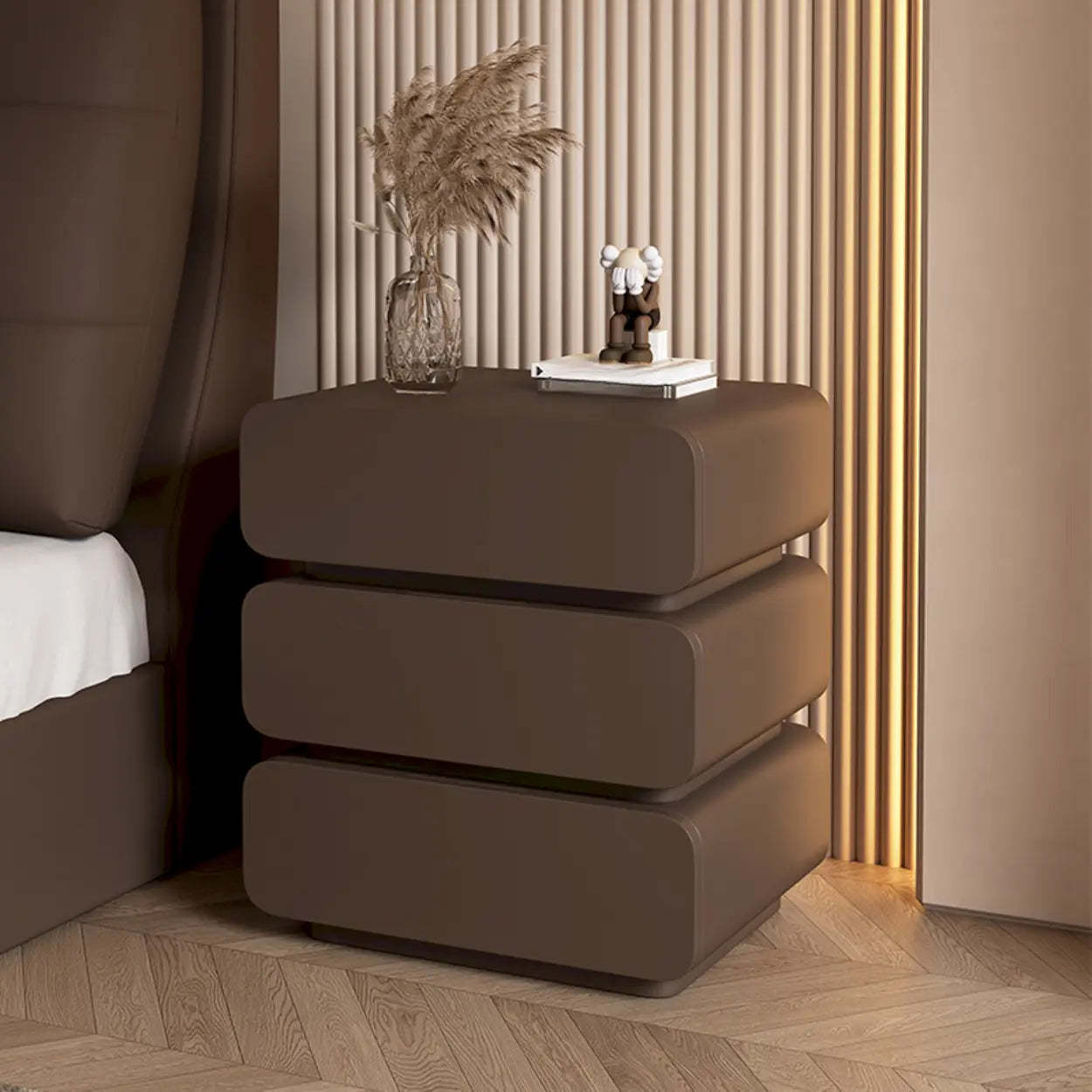 Wood Leather Beige 3-Drawer Nightstand — Cream
