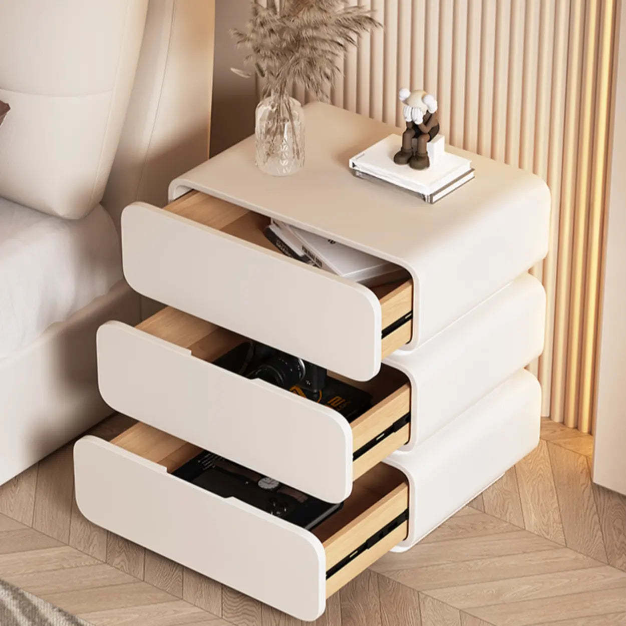 Wood Leather Beige 3-Drawer Nightstand — Cream