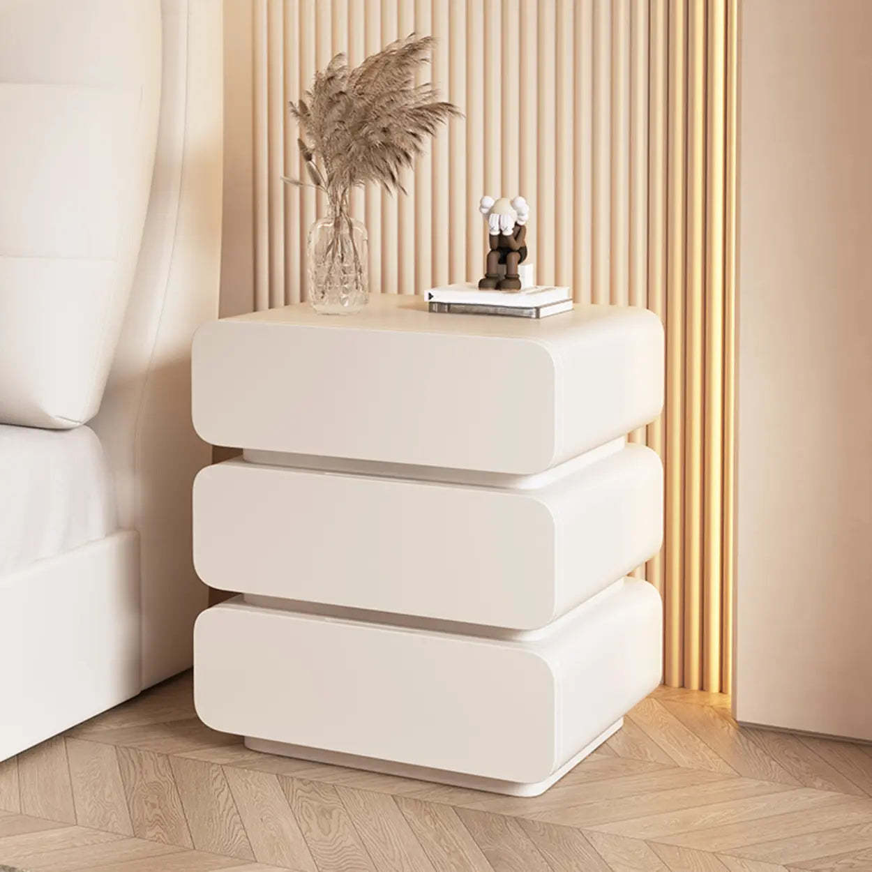 Wood Leather Beige 3-Drawer Nightstand — Beige