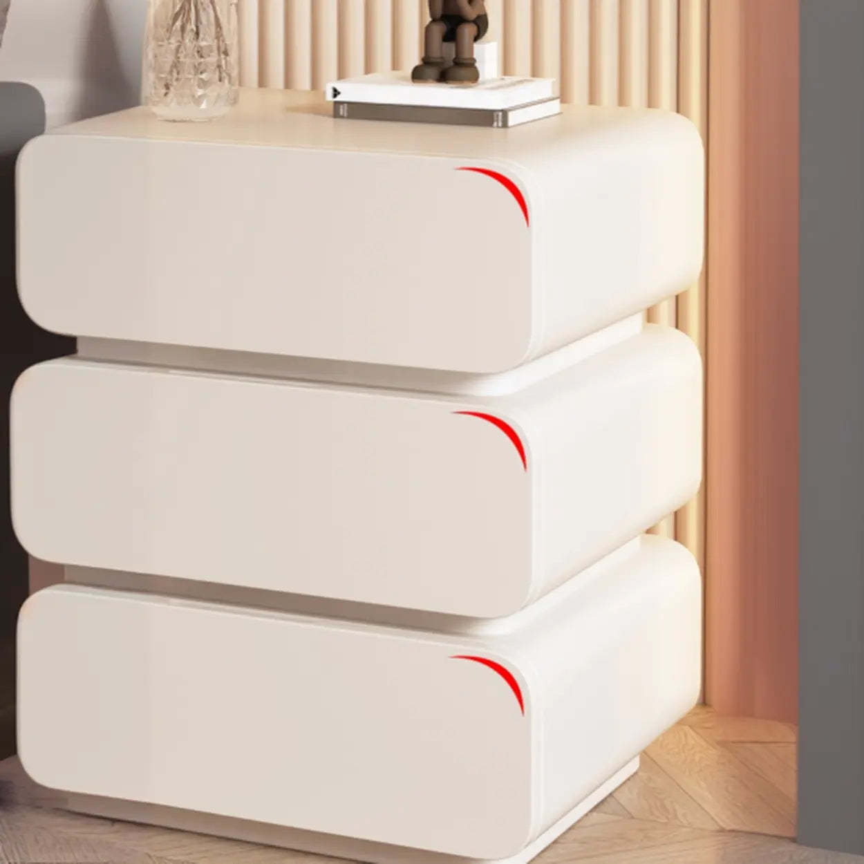 Wood Leather Beige 3-Drawer Nightstand — Beige