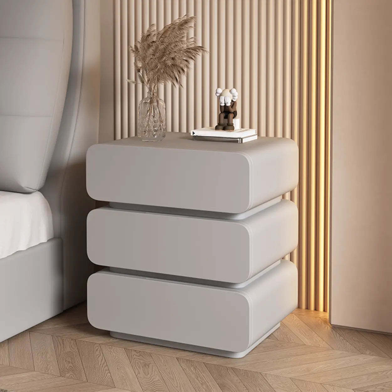 Wood Leather Beige 3-Drawer Nightstand — Beige