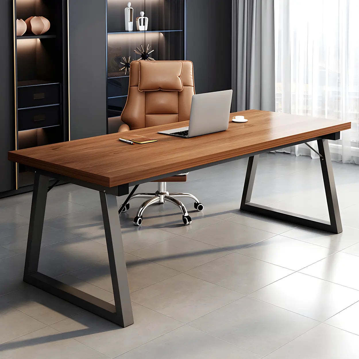 Rectangular Wood Metal-Sled Writing Desk — Brown / Table Only