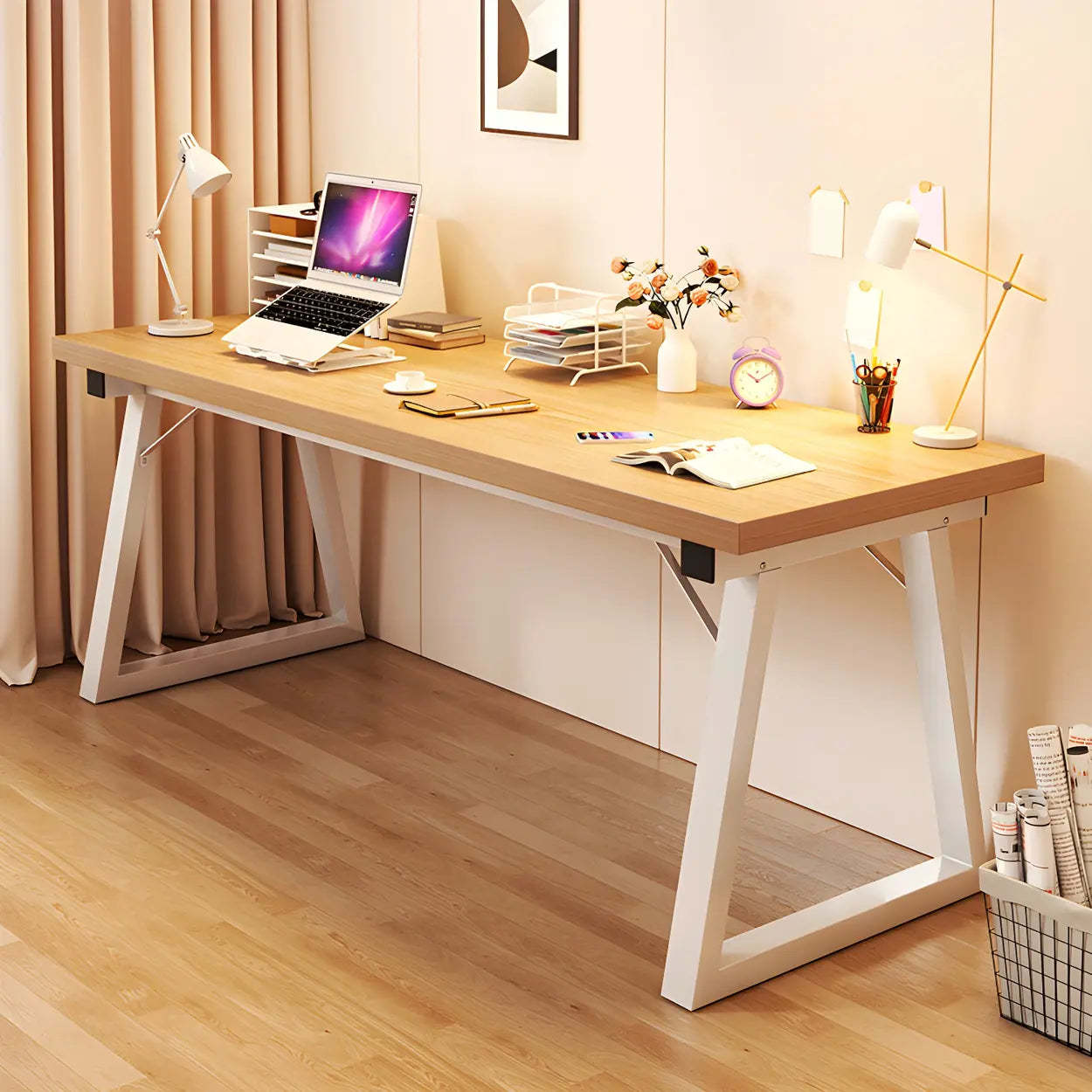 Rectangular Wood Metal-Sled Writing Desk — Brown / Table Only
