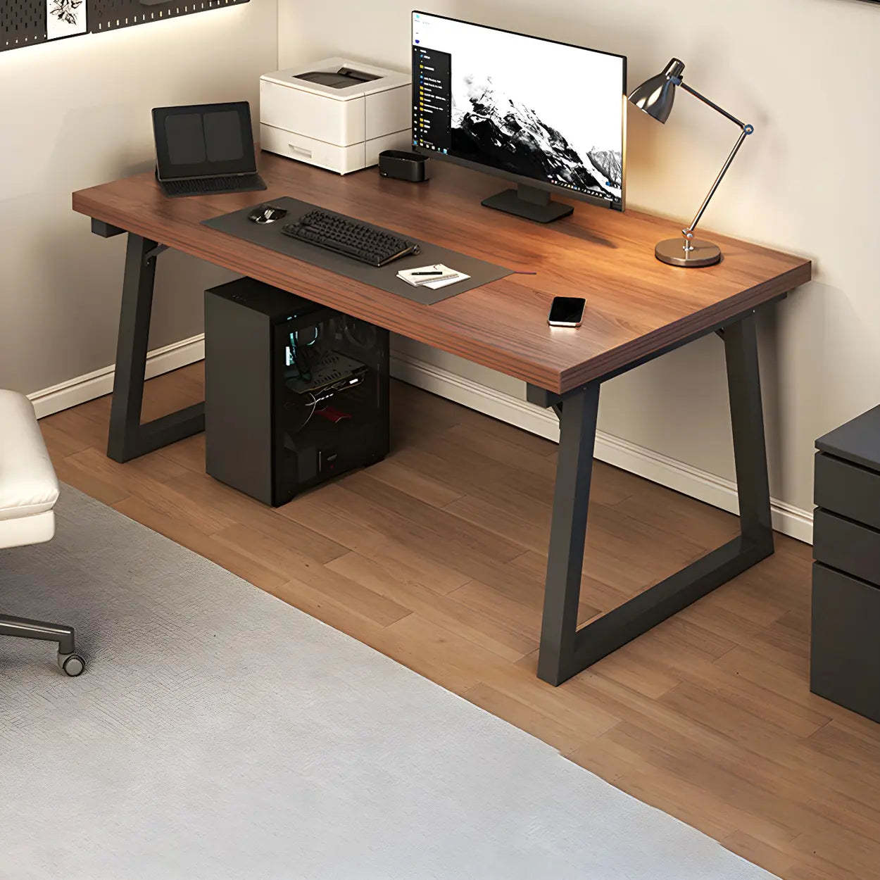 Rectangular Wood Metal-Sled Writing Desk — Brown / Table Only