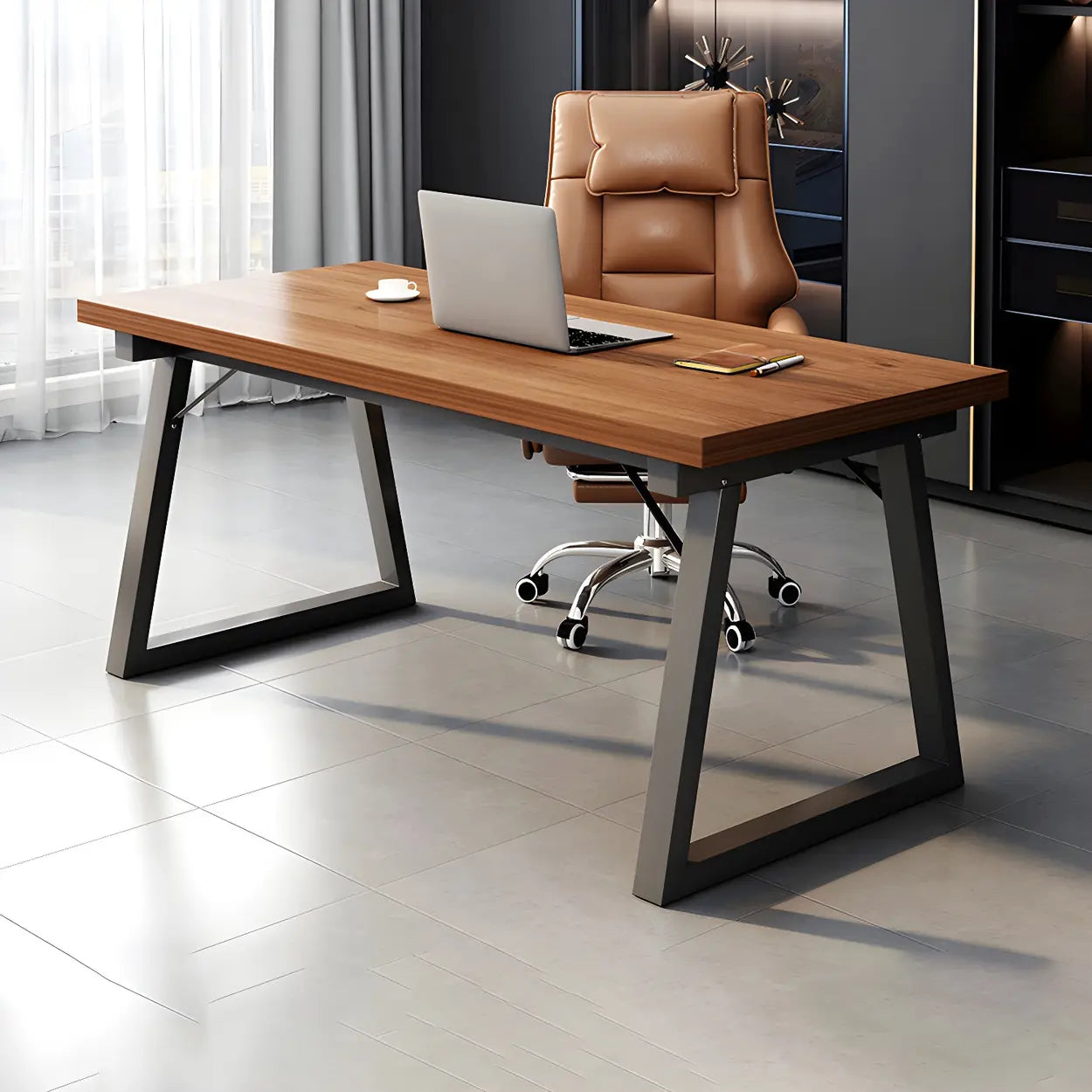 Rectangular Wood Metal-Sled Writing Desk — Natural Finish / Table Only