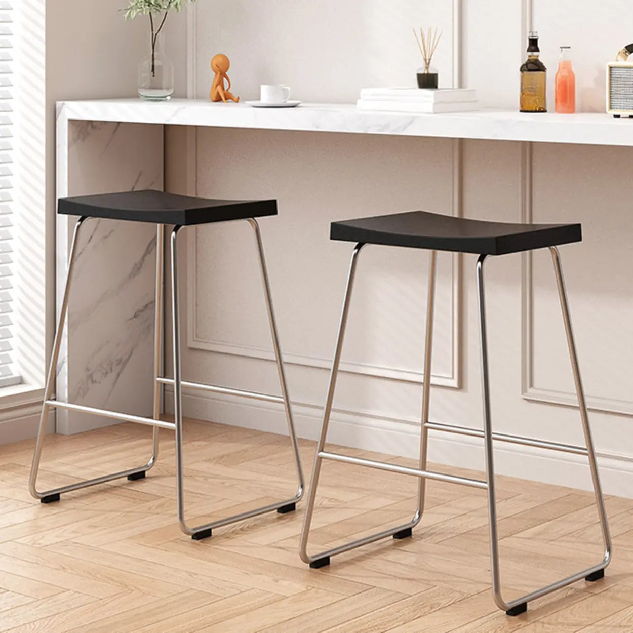 Saddle Wood Metal-Sled Bar Stool with Footrest — Black / Black