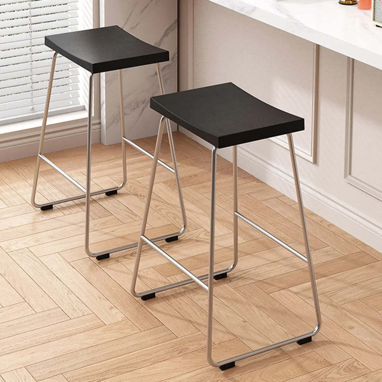 Saddle Wood Metal-Sled Bar Stool with Footrest — Teak / Black