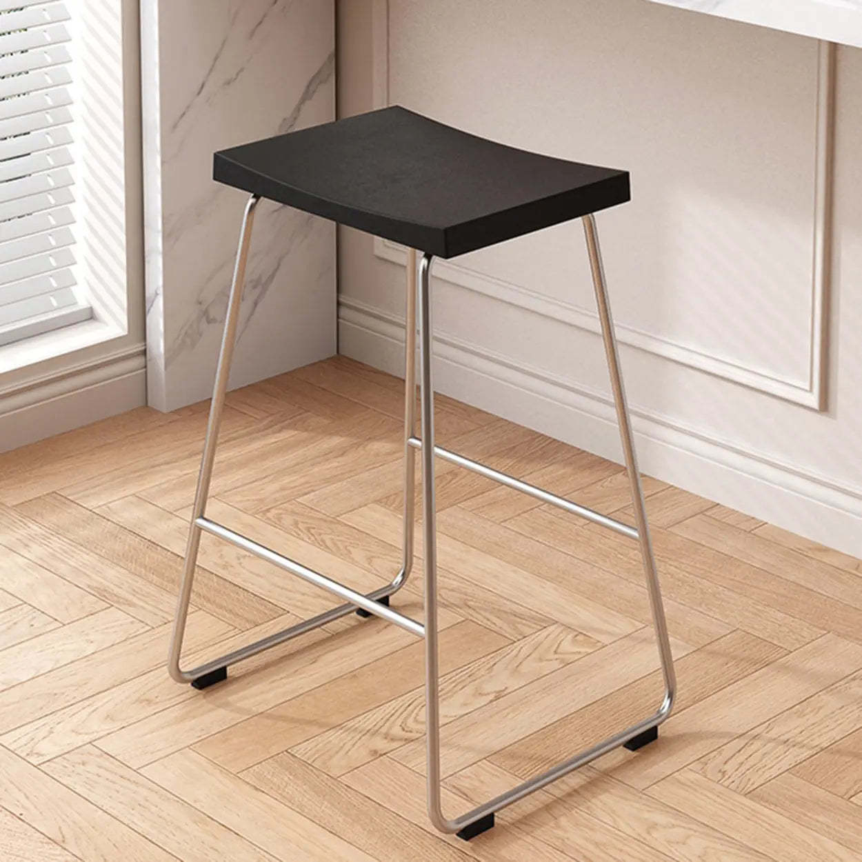Saddle Wood Metal-Sled Bar Stool with Footrest — Teak / Silver