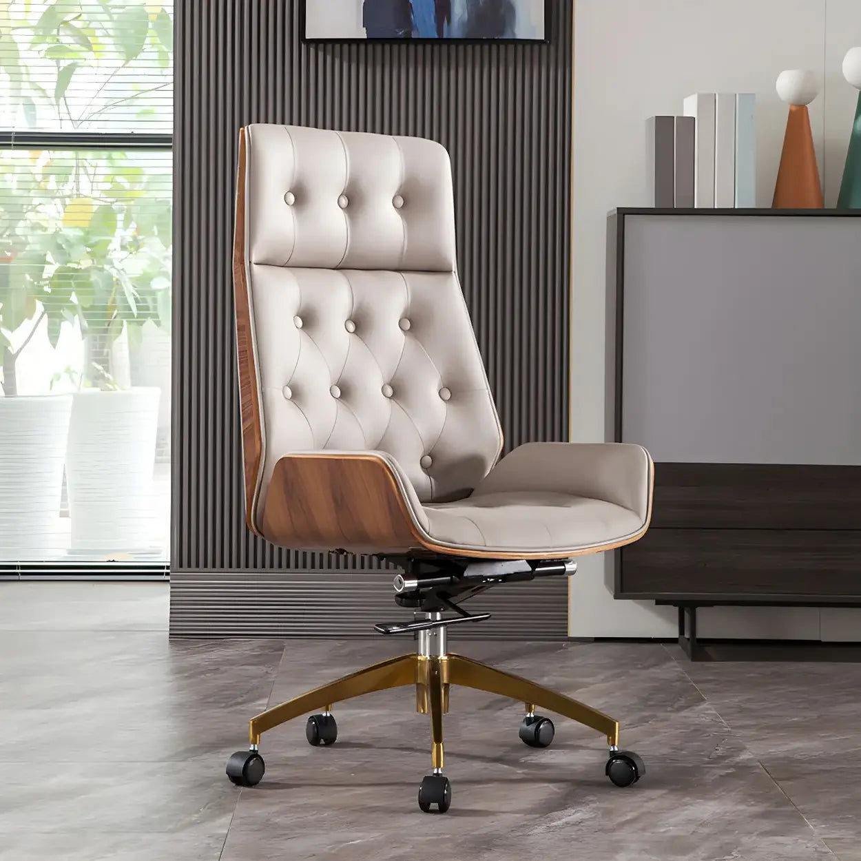 Wood Shell High-Back Leather Swivel Office Chair