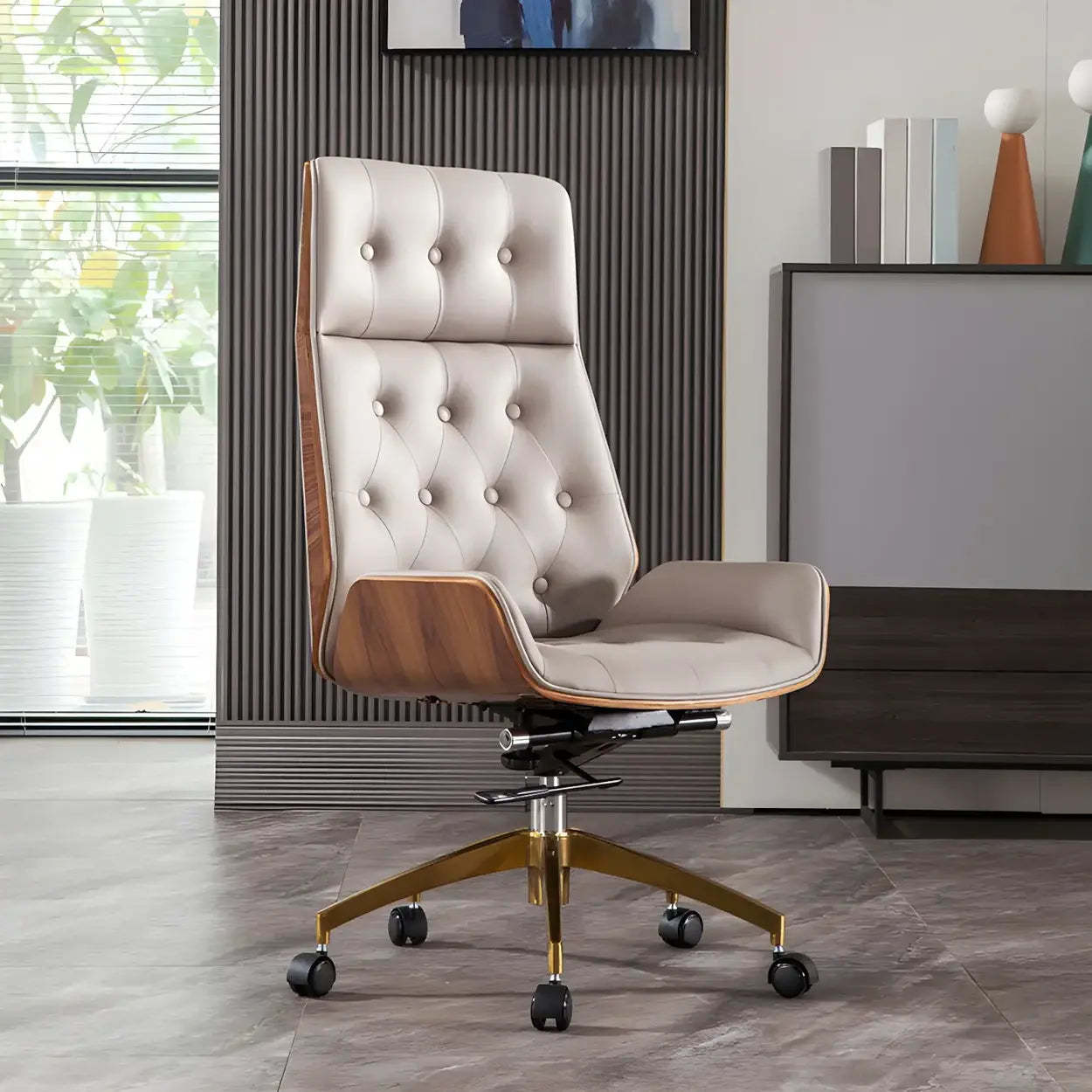 Wood Shell High-Back Leather Swivel Office Chair — Gray-Gold / Faux Leather