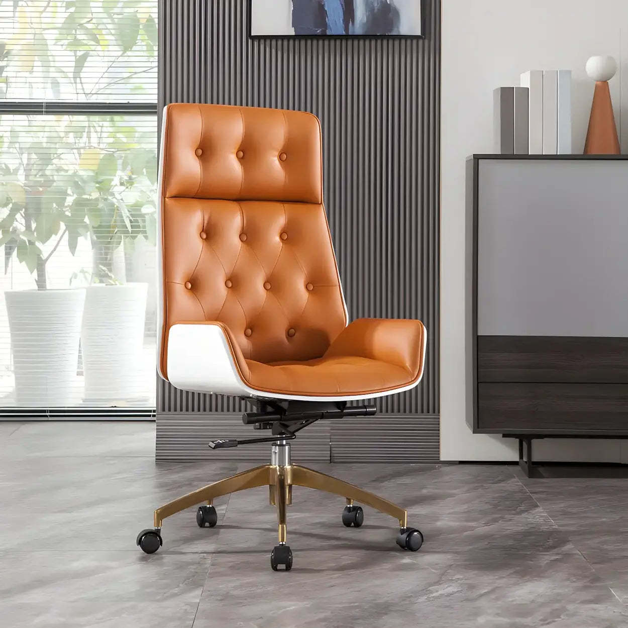 Wood Shell High-Back Leather Swivel Office Chair — Gray-Gold / Genuine Leather