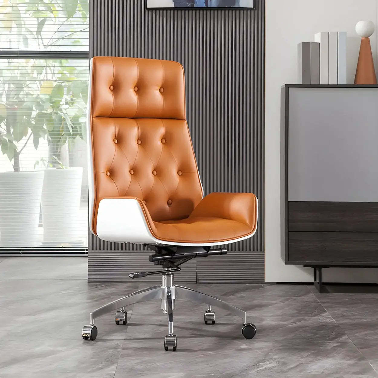 Wood Shell High-Back Leather Swivel Office Chair — Grey-Silver / Faux Leather