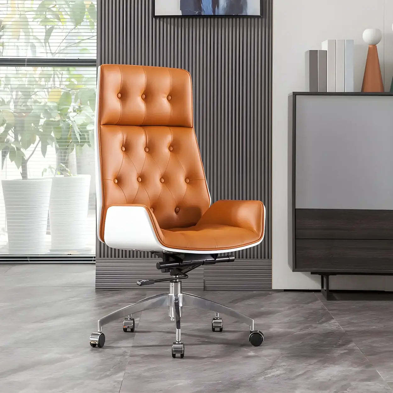Wood Shell High-Back Leather Swivel Office Chair — Grey-Silver / Genuine Leather