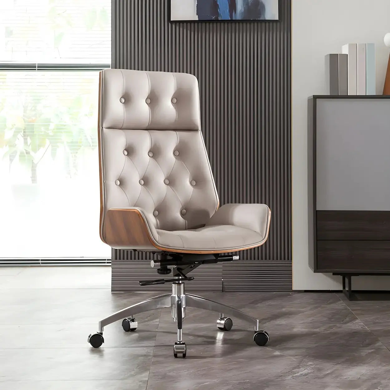 Wood Shell High-Back Leather Swivel Office Chair — Orange/ Gold / Faux Leather