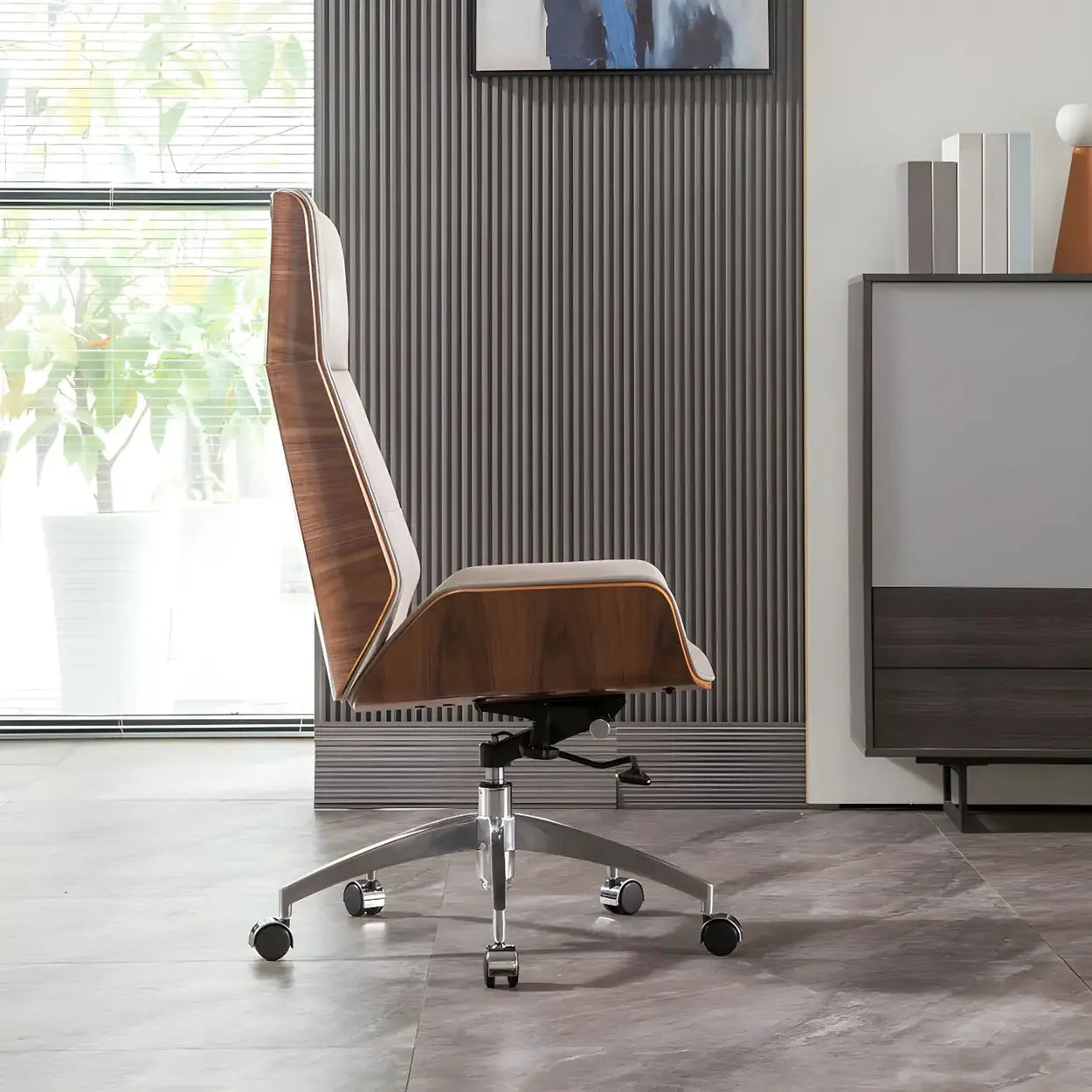 Wood Shell High-Back Leather Swivel Office Chair — Orange/ Gold / Genuine Leather