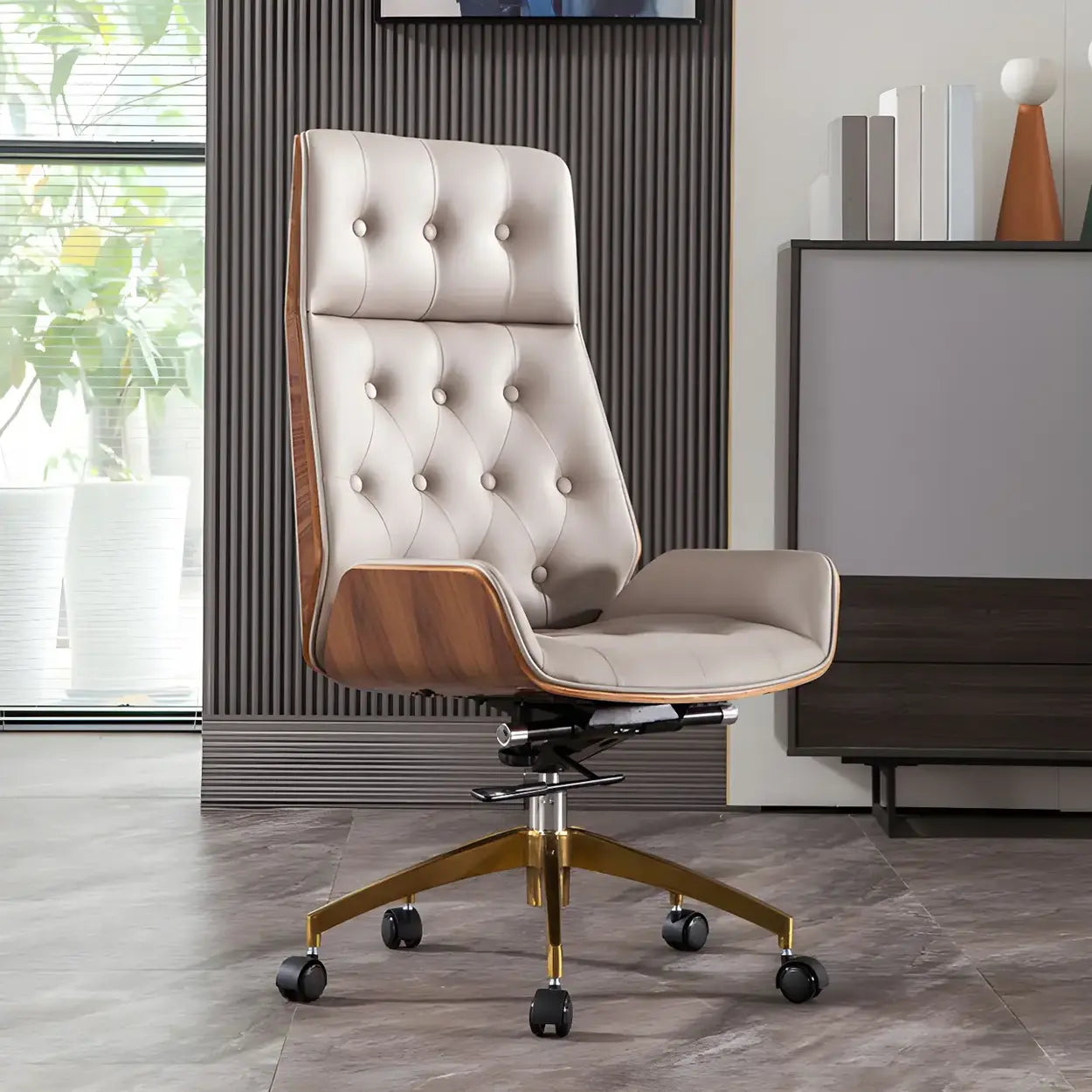 Wood Shell High-Back Leather Swivel Office Chair — Orange/ Silver / Faux Leather