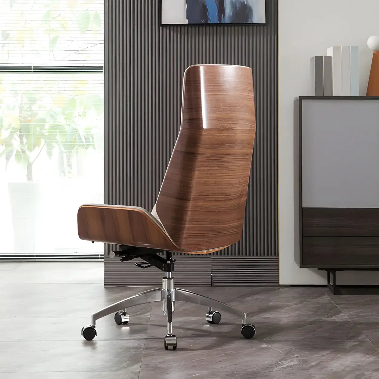 Wood Shell High-Back Leather Swivel Office Chair — Orange/ Silver / Genuine Leather