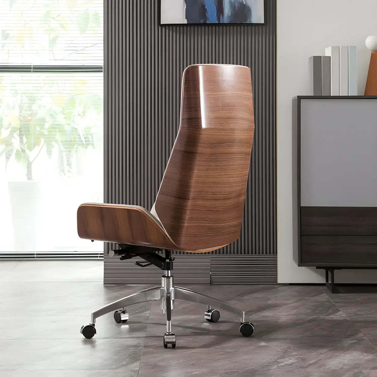 Wood Shell High-Back Leather Swivel Office Chair — Orange/ Silver / Genuine Leather