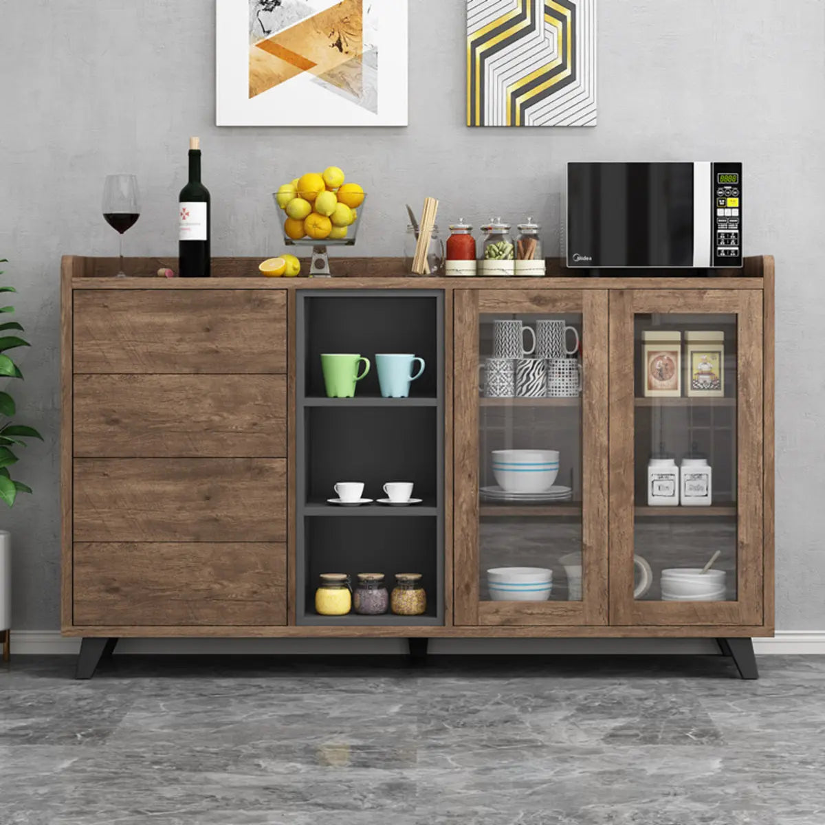 Wood Slab Cabinet Brown Shelf Large Open Buffet