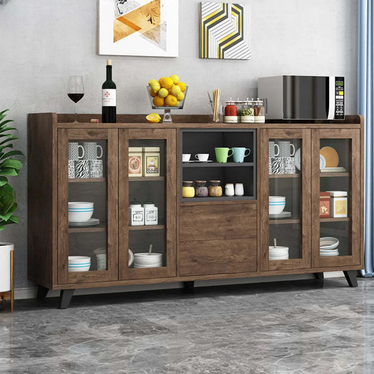 Wood Slab Cabinet Brown Shelf Large Open Buffet — Dark Brown