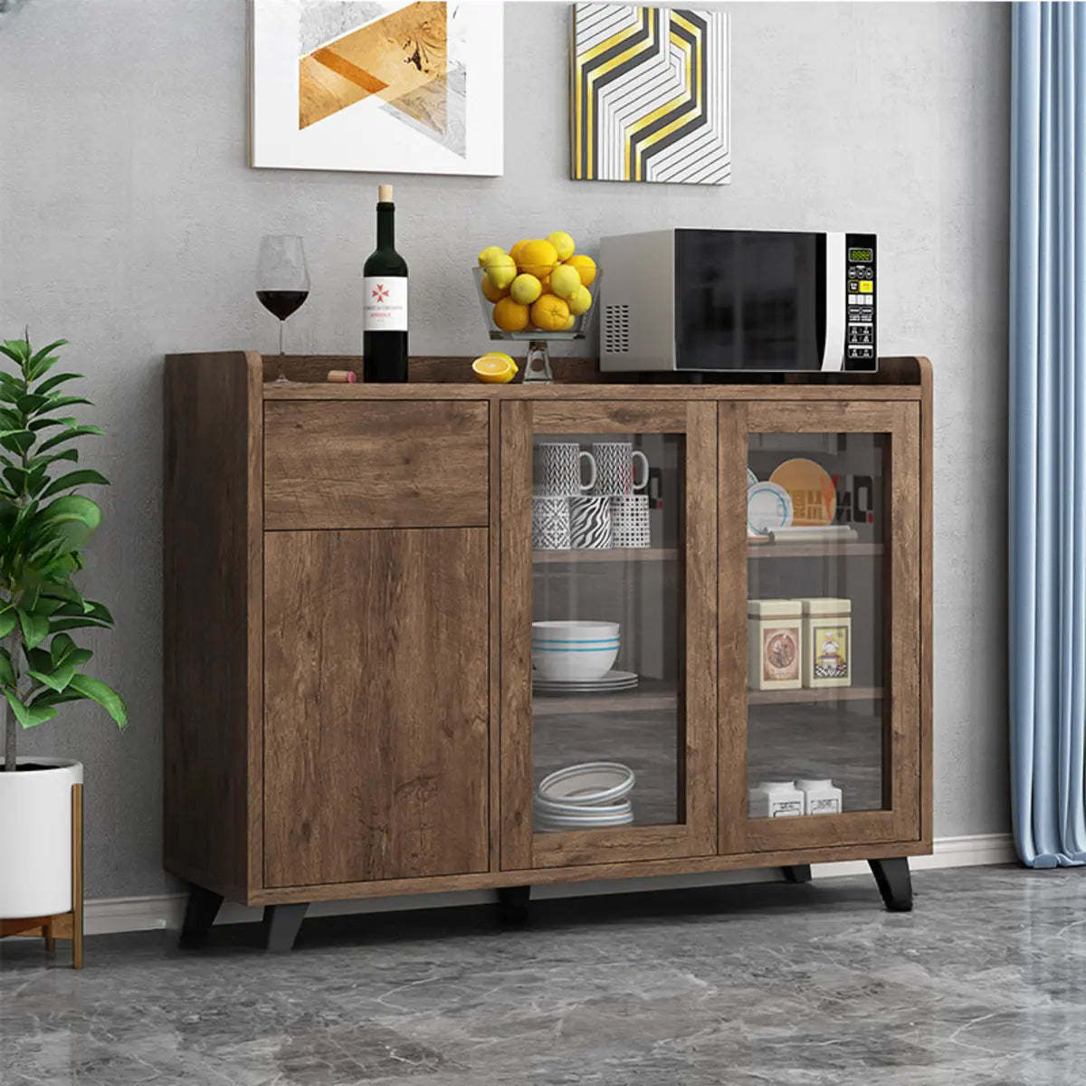 Wood Slab Cabinet Brown Shelf Large Open Buffet
