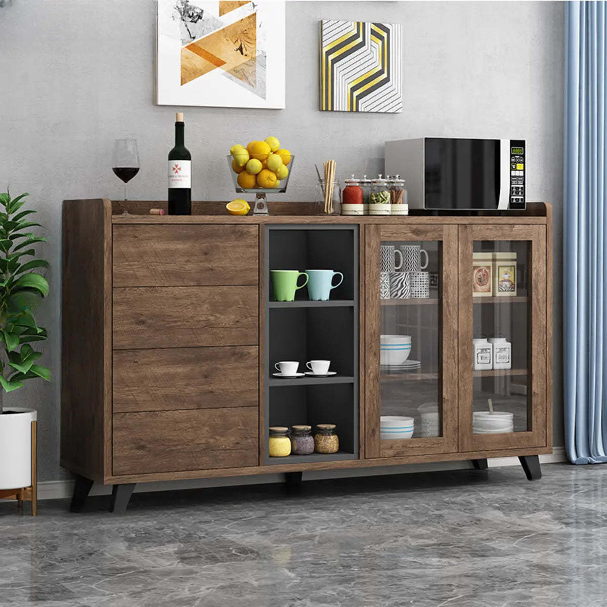 Wood Slab Cabinet Brown Shelf Large Open Buffet