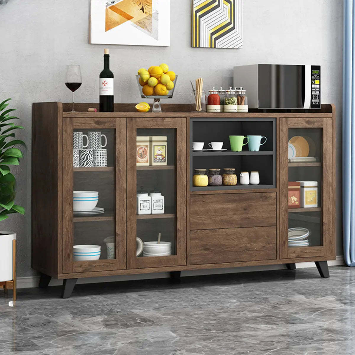 Wood Slab Cabinet Brown Shelf Large Open Buffet — Dark Brown