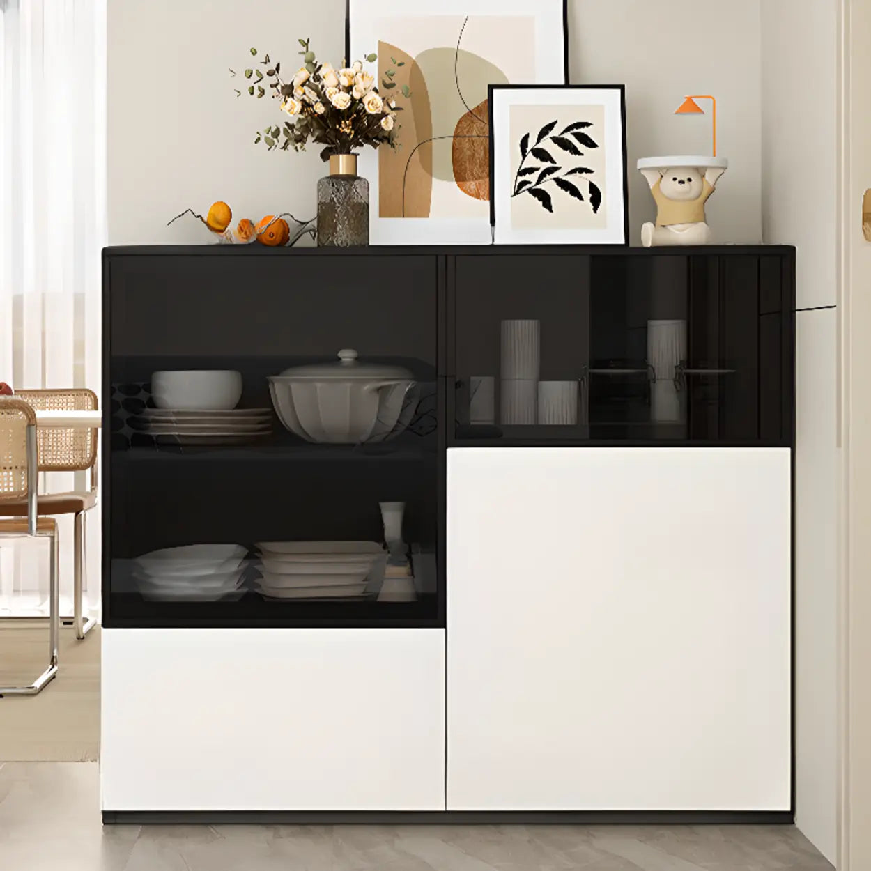 White Wood Narrow Shelf Glass Sideboard with Lighting