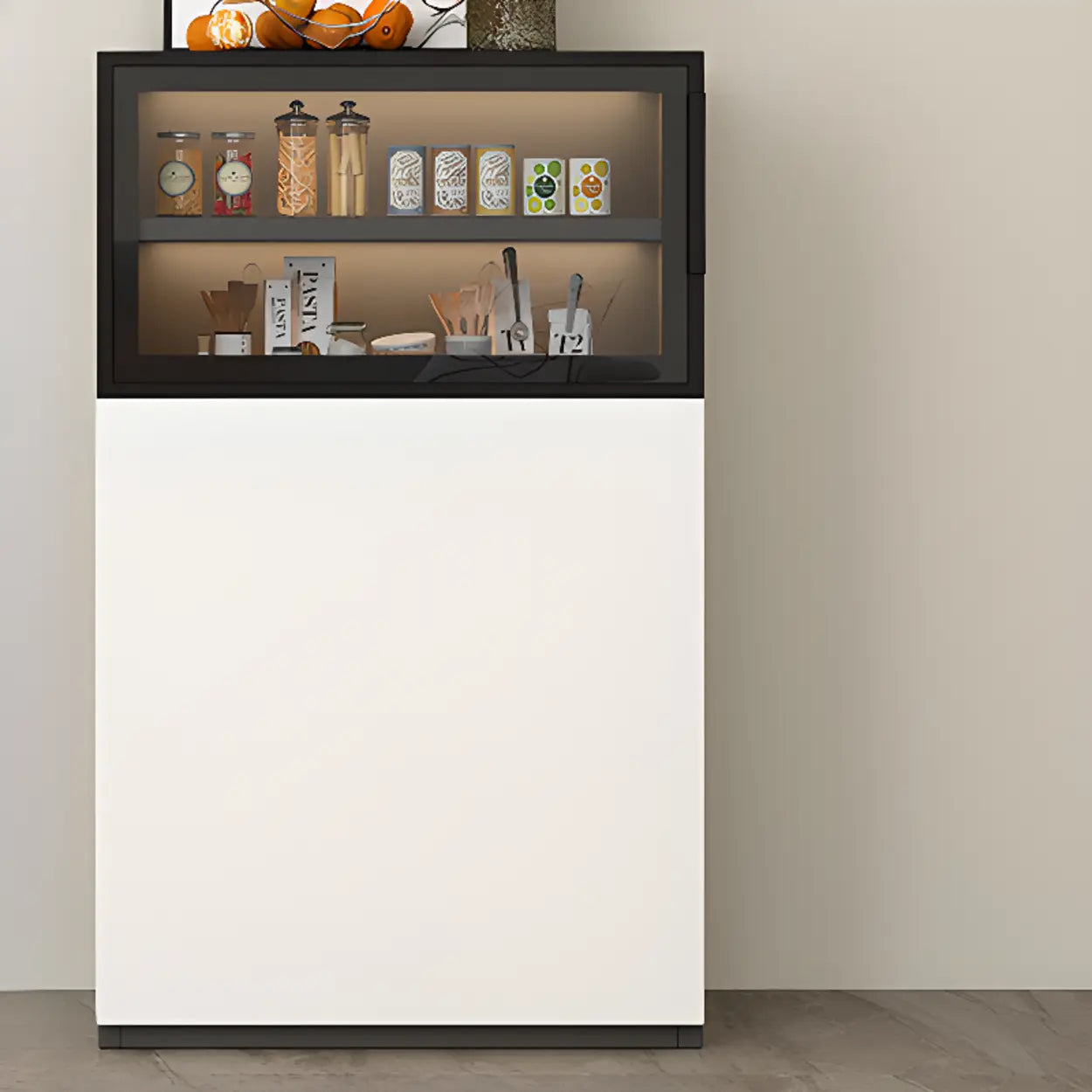White Wood Narrow Shelf Glass Sideboard with Lighting — Unavailable