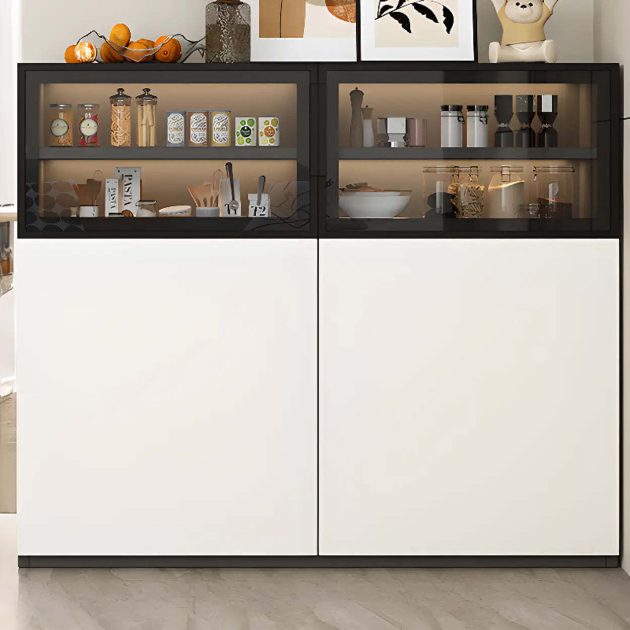 White Wood Narrow Shelf Glass Sideboard with Lighting — 1