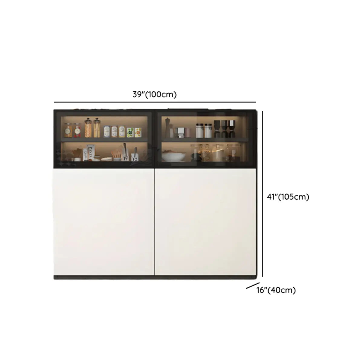 White Wood Narrow Shelf Glass Sideboard with Lighting