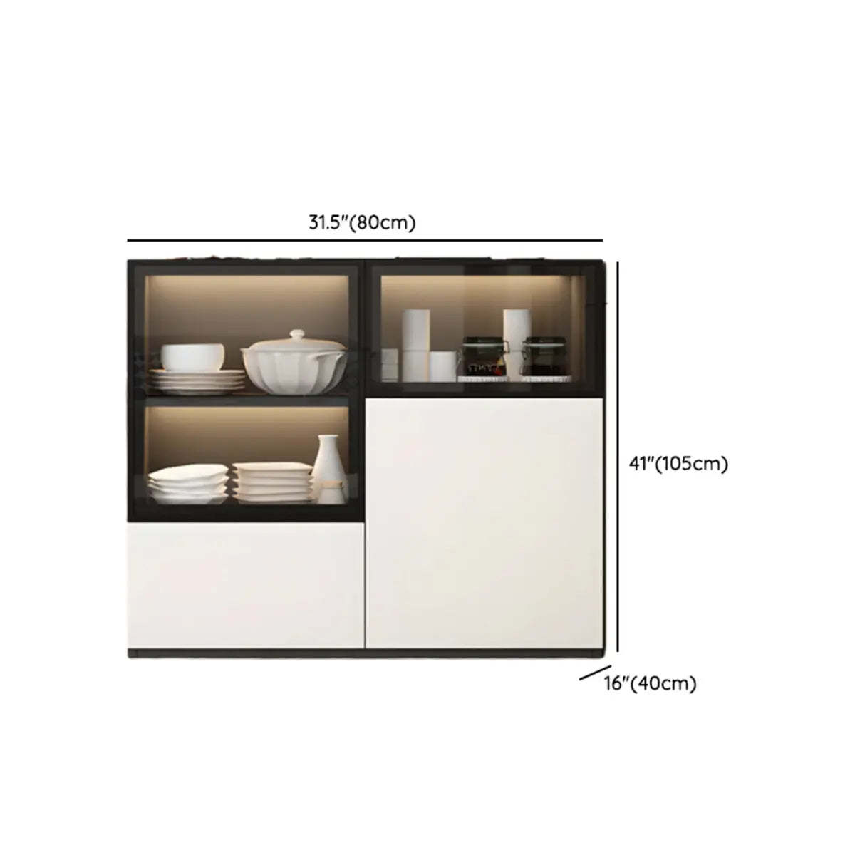 White Wood Narrow Shelf Glass Sideboard with Lighting