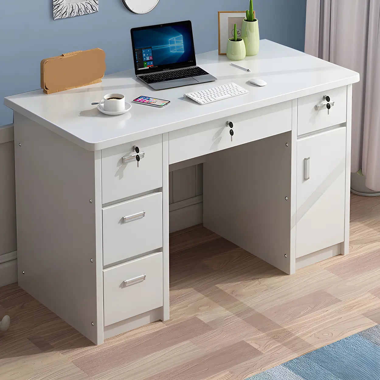 Wood Writing Desk with Locking Drawer — White / Table Only