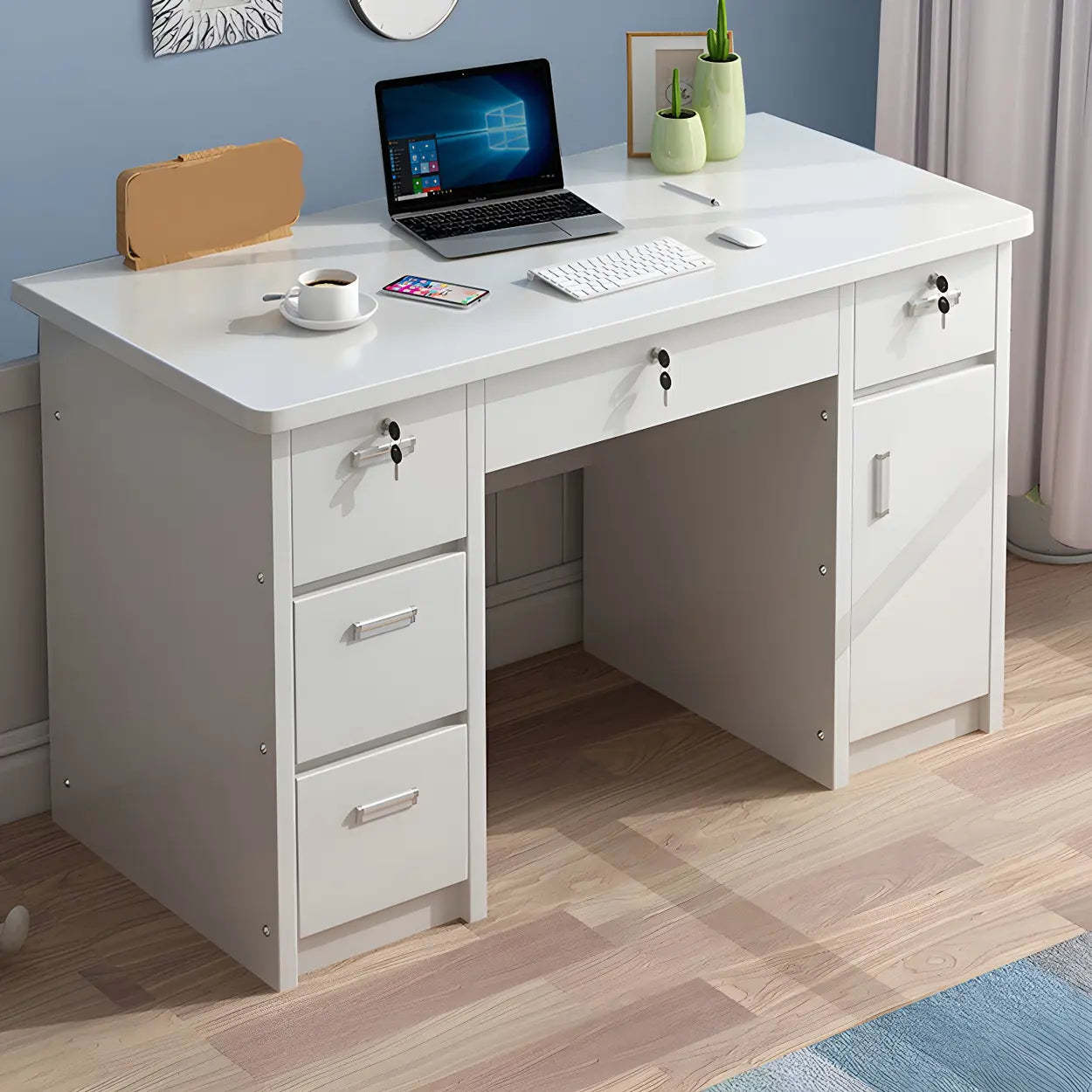 Wood Writing Desk with Locking Drawer — White / Table Only