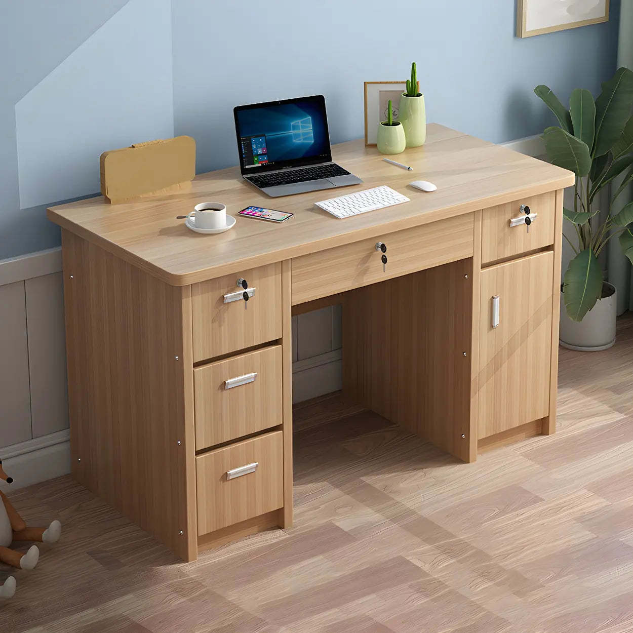 Wood Writing Desk with Locking Drawer — Tan / Table Only